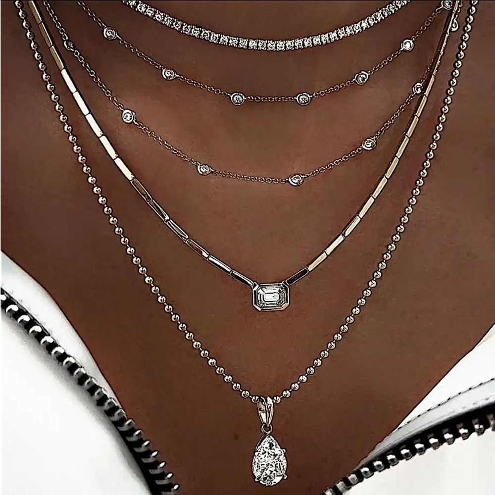 Boho Gold Baguette Zircon Multilayer Crystal Tear Drop Gold Bar Charm Necklace